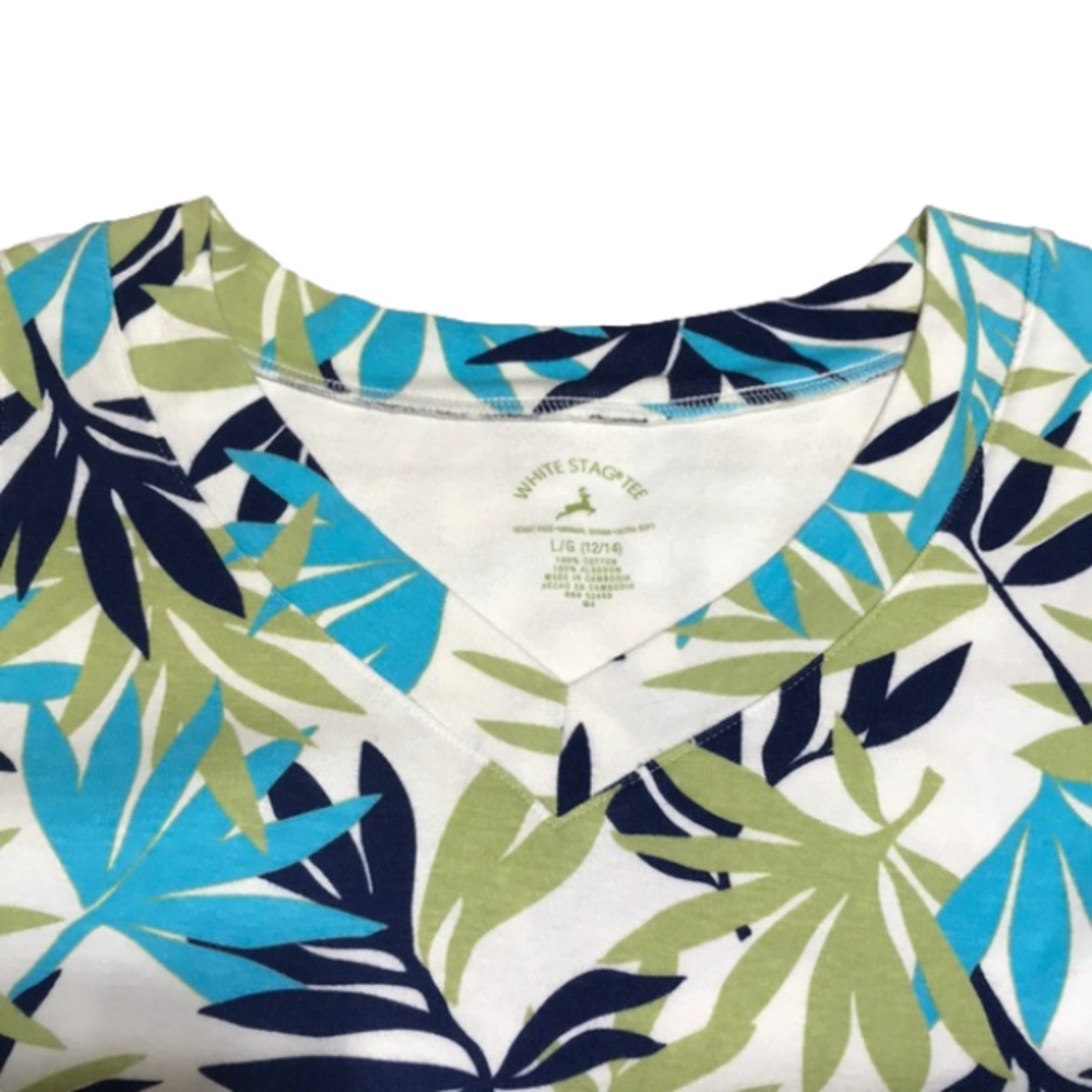 WHITE STAG Navy Blue/Turquoise/Green Leafy Print/White Sleeveless V-Neck—L 12/14 - Picture 4 of 8